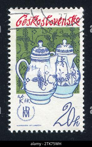 CZECHOSLOVAKIA - CIRCA 1977: stamp printed by Czechoslovakia, shows Coffeepots, Porcelain Mark, circa 1977 Stock Photo