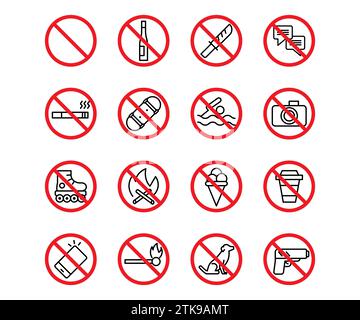 Vector line icon set forbidden sign. Outline stroke design in red circle and pictogram choice rules. Warning closed agreement and information protecti Stock Vector