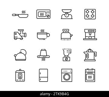 Vector line icon set related to kitchen. Outline symbol cooking and design collection utensil. Dining tool furniture and home element pictogram. Pixel Stock Vector