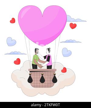 Romantic hot air balloon ride 2D linear illustration concept Stock Vector