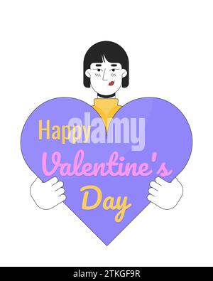 Asian woman congratulates on valentine day 2D linear illustration concept Stock Vector