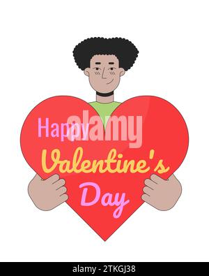 Hispanic man holding valentine day heart 2D linear illustration concept Stock Vector