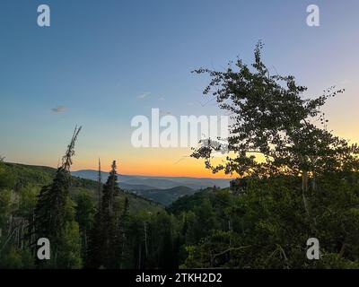 The scenic view of Deer Valley ski area in Park City, Utah in the USA at sunset. Stock Photo