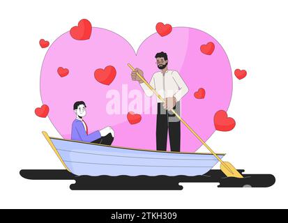 Romantic Valentines day boyfriends lake boating 2D linear illustration concept Stock Vector