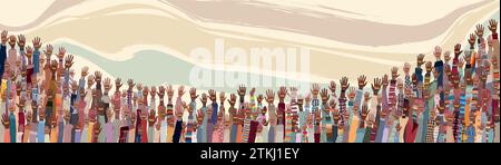 Many black skin African American men women children seniors  group raised hand holding a heart with flag colors for Black History Month event.Equality Stock Vector