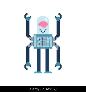 Robot with brain artificial intelligence Pixel art. 8 bit Retro cyborg and human brains. pixelated AI concept in retro style Stock Vector