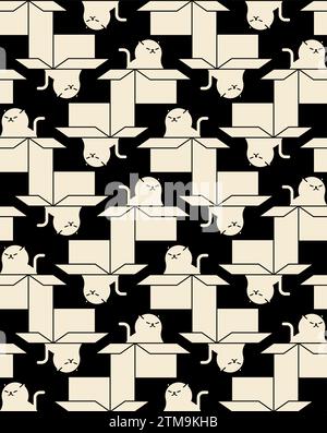 Cats in box Pattern seamless. Pet in cardboard box Background. House for cat texture. Kids fabric ornament Stock Vector