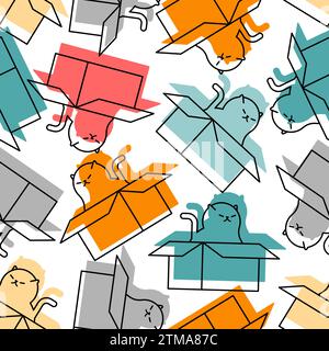 Cats in box Pattern seamless. Pet in cardboard box Background. House for cat texture. Kids fabric ornament Stock Vector