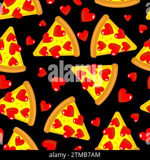 Pizza love Pattern seamless. Piece of pizza with heart Background. Sign for pizzeria texture Stock Vector