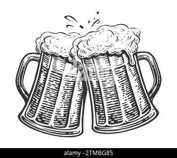 Two toasting beer mugs. Clinking glass tankards full of beer and splashed foam. Cheers, illustration Stock Vector
