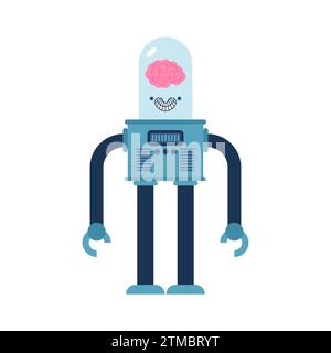 Robot with brain artificial intelligence. Retro cyborg and human brains. AI concept in retro style Stock Vector