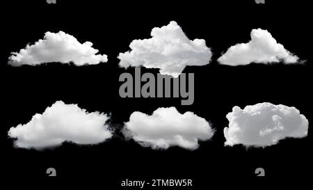 White Clouds Isolated On Black Background. Set Of Beautiful Quality Clouds. Cloud Pack Stock Photo