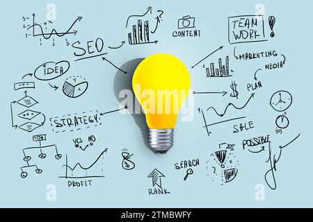 Creative Yellow Light Bulb With Strategy Plan And Inscriptions On A Blue Background. Strategy And Successful Project, Creative Idea. Think Differently Stock Photo