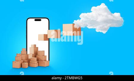 Delivery Box And Mobile Smartphone On Blue Background. Sending Files To A Cloud Server, Creative Idea. Storing Files In The Cloud, Concept. Online Sho Stock Photo