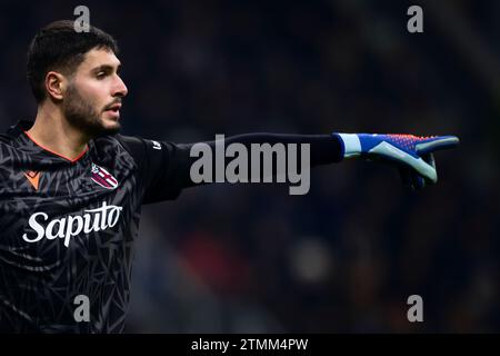 Milan, Italy. 20 December 2023. Federico Ravaglia of Bologna FC gestures during the Coppa Italia football match between FC Internazionale and Bologna FC. Credit: Nicolò Campo/Alamy Live News Stock Photo