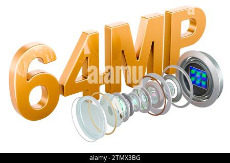 64 MP Camera for Smartphone. Disassembled smartphone camera, modern lens of smartphone cameras structure. 3D rendering isolated on white background Stock Photo