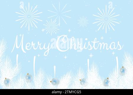 Merry Christmas vector illustration with light colors, Christmas balls, snow, pine tree branches and fireworks Stock Vector