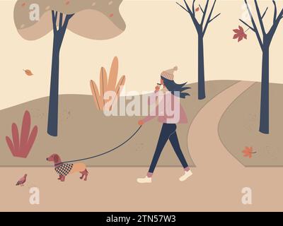 Cute girl walking with dog dachshund in overalls in autumn city park or forest and having coffee. Fall soothing outdoors landscape: trees, leaves Stock Vector