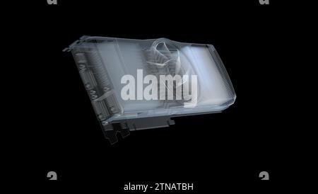 Computer Graphic Video Card in X-Ray on a Black Background. Technology Concept. GPU. Perspective View. 3D Render Illustration. Stock Photo