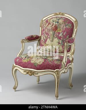 Armchair Jean Baptiste Gourdin (1723-1781), Jean Baptiste Gourdin, c. 1760 Arm chair, part of an ameublement, made of white with gold painted beech wood and covered on a loose window with tapisserie, decorated with bouquets, tied together by ribbons with bows, on red damaged soil. The front legs, by-line, upper sill and styles of the back window wear stabbed leaf and floral motifs. The armrests with cushions end in volutes; The S-shaped legs covered over-corner ends in an Acanthus leaf. Marked: I. Gourdin. See also: BK-16655-B/g. Paris wood (plant material). beech (wood). gilding (material). k Stock Photo