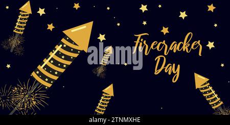 The day of launching firecrackers and fireworks. Golden firecrackers in a dark blue sky. Festive banner flyer, web page template. Vector illustration. Stock Vector