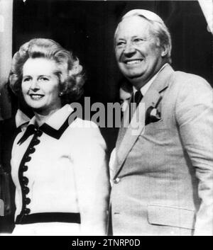 10/07/1975. British Conservative Party Leader Margaret Thatcher and former Tory Party leader Edward Heath appear together at the end of this morning's session on the second day of the Conservative Party's annual conference in Blackpool. Credit: Album / Archivo ABC Stock Photo