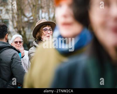 Strasbourg, France - Mar 29, 2023: Swiss seniors gather in a peaceful protest outside the European Court for Human Rights, holding placards to demand Stock Photo