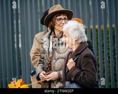 Strasbourg, France - Mar 29, 2023: Two Swiss senior women peacefully protesting in front of the European Court for Human Rights in Strasbourg, demandi Stock Photo