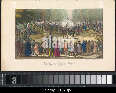 Prize ceremony, 1826-1829, 1829 Prize-giving ceremony at the winners of the racing competition, 1826-1829. Two men with horses within a closed area, around it the public gathered. Illustration in the back of a publication about the hard trotting held on the Maliebaan in Utrecht in the years 1826-1829. print maker: Netherlandsafter drawing by: Netherlandsprinter: Utrecht paper   Maliebaan Prize-giving ceremony at the winners of the racing competition, 1826-1829. Two men with horses within a closed area, around it the public gathered. Illustration in the back of a publication about the hard trot Stock Photo