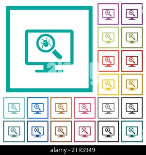 Virus scanning on computer flat color icons with quadrant frames on white background Stock Vector