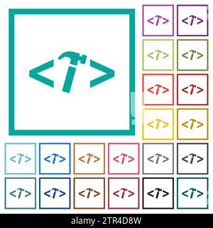 Web development with hammer flat color icons with quadrant frames on white background Stock Vector