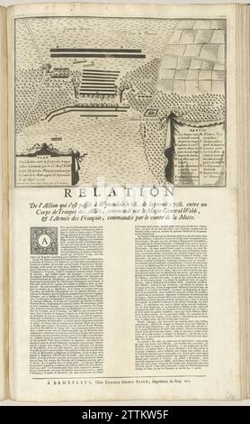 Plan of the Battle of Wijnendale, 1708, 1711 Map of the Battle on 28 September 1708 at Wijnendale in West Flanders between the Allied troops among Major General Webb who accompanied a convoy and French troops under Graaf de la Mott. At the bottom right a cartouche with the legend a-o in French. Stuck under the print a text sheet with the printed account in two columns in French. Part of a bundled collection of plans of battles and cities renowned in the Spanish Succession War. Brussels paper etching / letterpress printing  Wijnendale Map of the Battle on 28 September 1708 at Wijnendale in West Stock Photo