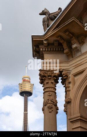 Frazer Fountain and Sydney Tower, New South Wales, Australia Stock Photo