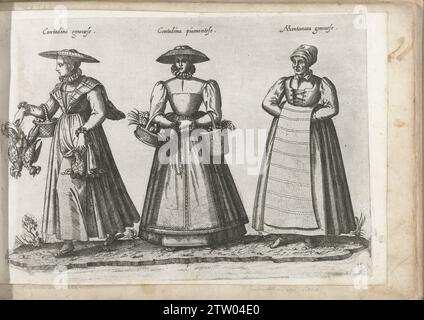 Three women in rural clothing from Italy, ca. 1580, in or before 1585 On the left a farmer's wife with a flat hat, walking to the left, a basket with eggs on the arm, chickens and duck in hand. In the middle, a peasant woman from Iemonte, seen from the front, on the right arm a basket with chicks, on the left a basket with fruit. A flat hat on the head. On the right an old woman with hands under her apron. Print no. 15 from album 'dei veri ritratti deGl'Habiti di tvtte le parti del Mondo Intagliati in Rame by Opra di Bartolomeo Grassi', 1585.  paper engraving On the left a farmer's wife with a Stock Photo