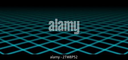 Glowing blue neon wireframe horizon background. Grid room floor vanishing in perspective. Bright retro futuristic wallpaper. Abstract checkered plane landscape. Game cyber surface. Vector backdrop Stock Vector