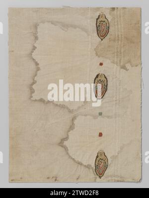 Tissue fragment in tapestry, anonymous, c. 500 - c. 699 Natural linen tissue fragment with three woven oval motifs with a white stylized plant motif centrally on a red soil, around which a yellow and green edge. Bent lines in red and yellow at the top, irregularly formed leaf motif in yellow at the bottom. The whole outlined in brown. There are squares between these ovals; Two red and one green. In the linen tissue, in addition to the oval on the one hand there are three lines, and on the other hand to see together woven impact. Egypt Ketting an element: Linen (material). Entry: Wool tapestry Stock Photo