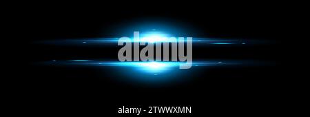 Blue light flash lines isolated on black background. Vector realistic illustration of horizontal energy blast strip, space explosion glare effect, bright shine on horizon, magic power burst fading Stock Vector