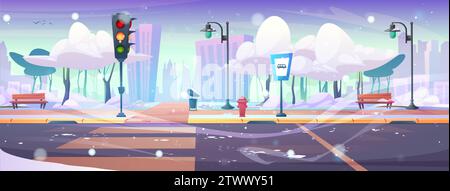 Cartoon vector winter city street landscape with sidewalk, traffic light near road with crosswalk, trees covered with snow in public park, bus stop sign and benches during snowfall and wind. Stock Vector