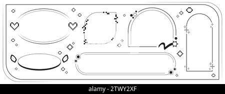 Retro futuristic speech bubbles set isolated on white background. Vector illustration of retrowave futuristic art window, oval borders with pixel style heart, star, wings signs, y2k design elements Stock Vector