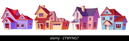 Suburban and village private house with windows and doors, roof with chimney and garage. Cartoon vector illustration set of big family home exterior. Front view on modern country cottage or villa. Stock Vector