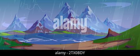 Summer rainy landscape with waves on lake or river in foot of mountains, falling rain and lightning in cloudy sky. Cartoon vector natural scenery with pond shore in wet thunder storm weather. Stock Vector