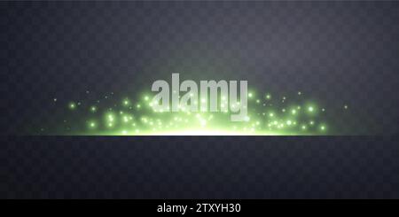 Green horizontal lensflare. Light flash with rays or green spotlight. Glow flare light effect. Vector illustration. Isolated on dark transparent Stock Vector