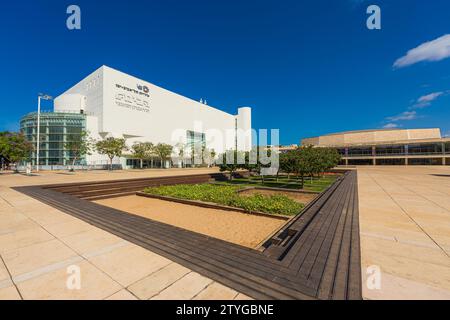 Tel Aviv, Israel. SEP 9, 23. HaBima Sq. featuring the HaBima National Theatre and Charles Bronfman Auditorium Translation from Hebrew Stock Photo