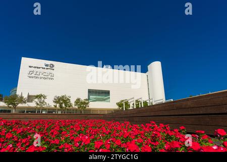 Tel Aviv, Israel. SEP 9, 23. HaBima Sq. featuring the HaBima National Theatre and Charles Bronfman Auditorium Translation from Hebrew Stock Photo