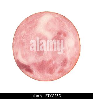 round piece of ham isolated on white background, pork ham cut into slices, with clipping path Stock Photo
