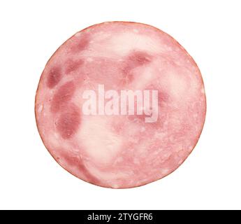 round piece of ham isolated on white background with clipping path, pork ham cut into slices Stock Photo