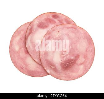 round pieces of ham isolated on white background with clipping path, three pieces of pork ham cut into slices laid out to create layout, italian food Stock Photo