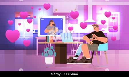 people with hearing aid disabled deaf mute couple in love communicate during video call using sign language valentines day celebration Stock Vector