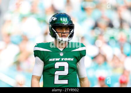 New York Jets quarterback Zach Wilson (2) looks on during an NFL regular season game against the Miami Dolphins, Sunday, December 17, 2023, at Hard Ro Stock Photo