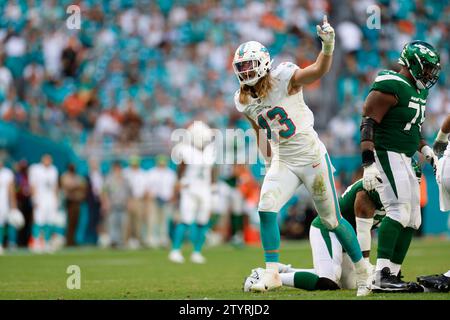 Miami Dolphins linebacker Andrew Van Ginkel (43) celebrates during an NFL regular season game against the New York Jets, Sunday, December 17, 2023, at Stock Photo